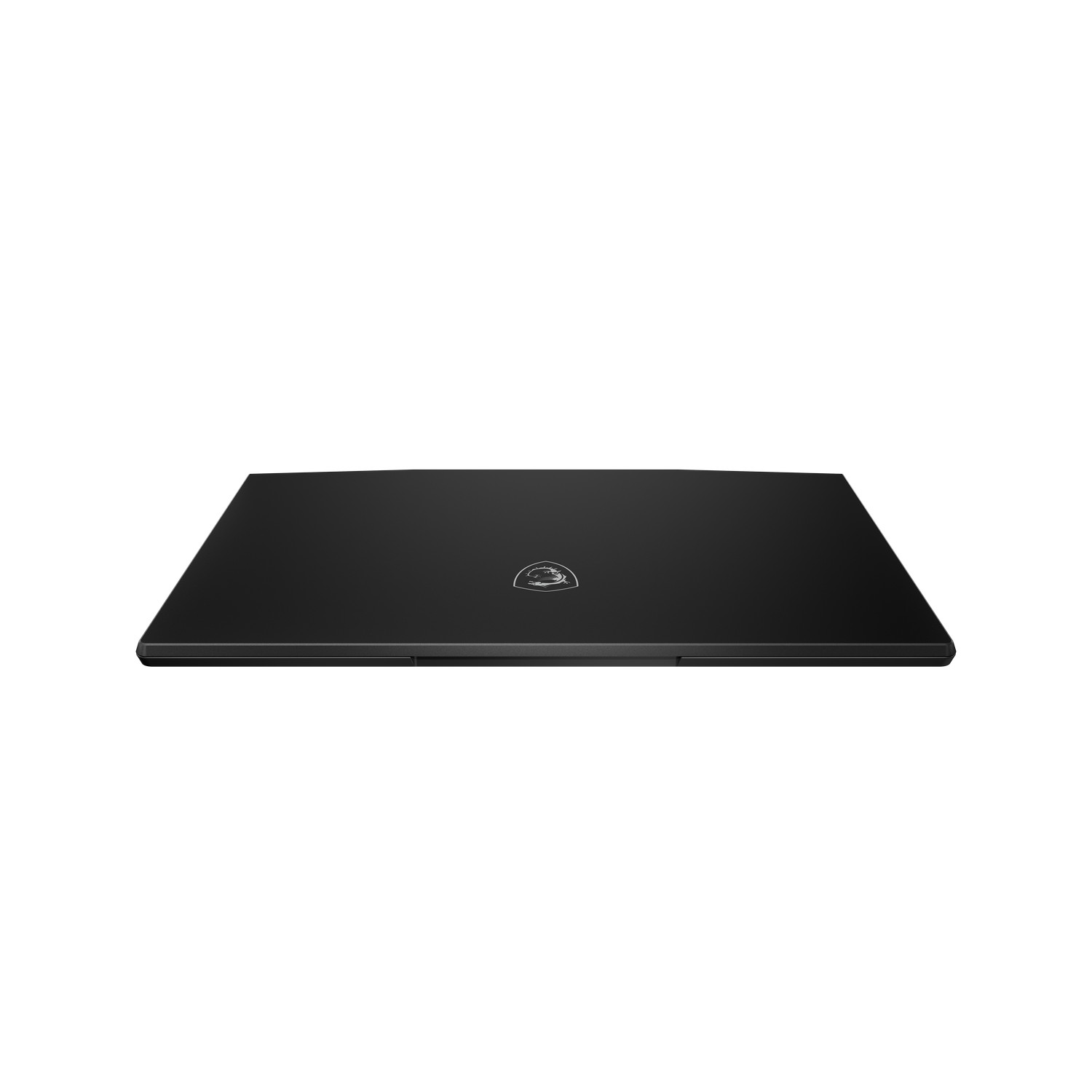 Ordinateur portable noir sur fond blanc, fermé. Le logo MSI est en haut à droite.