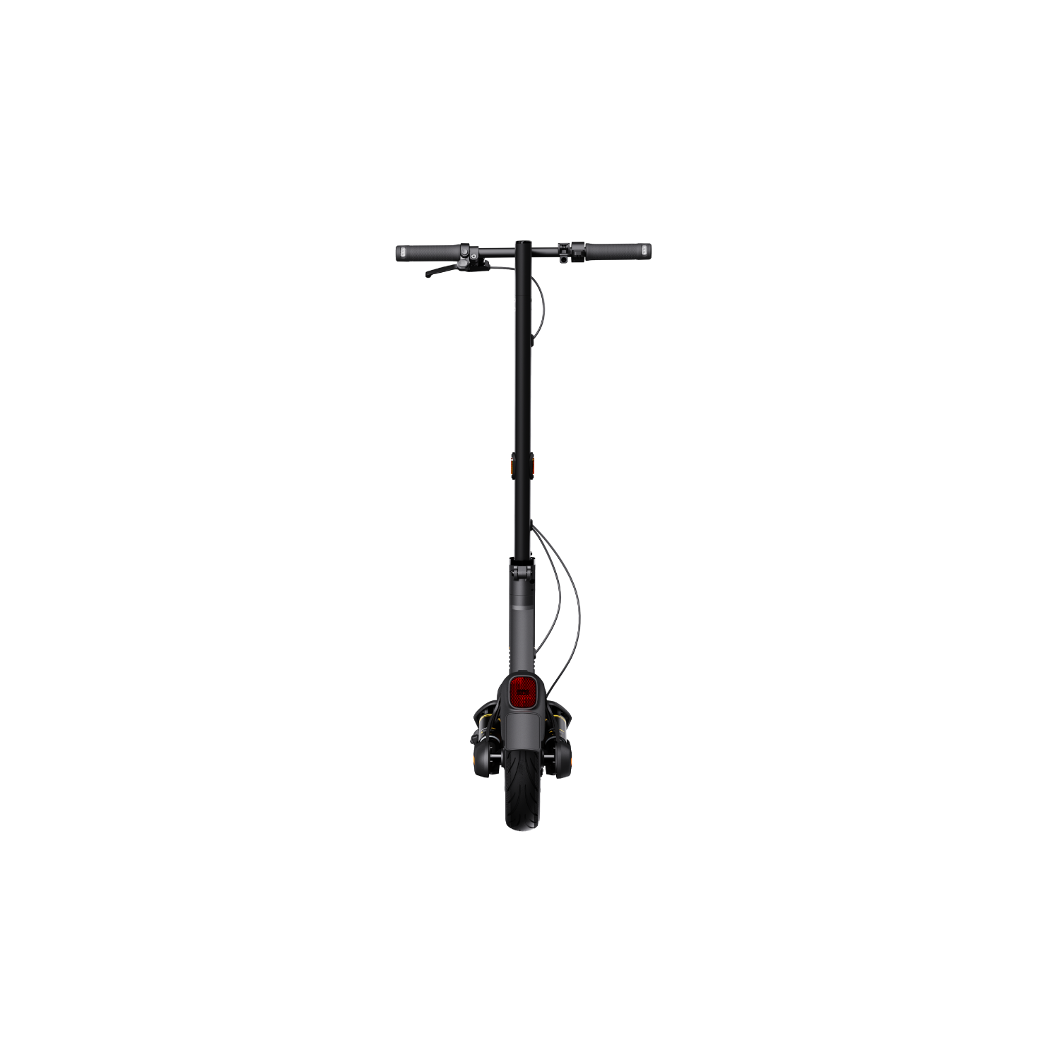 Zwarte elektrische scooter vanuit een bovenaanzicht op een zwarte achtergrond.