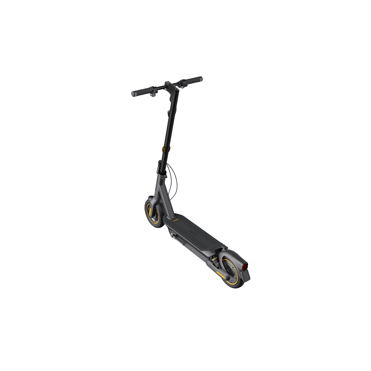 Donkergrijze elektrische scooter op zwarte achtergrond. Gele accenten op wielen en frame.