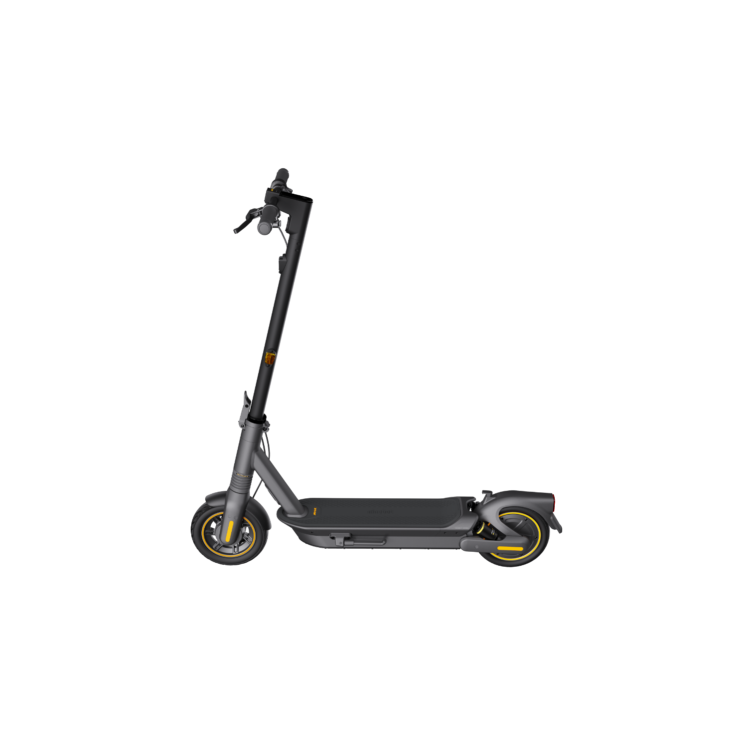 Een elektrische scooter, zwart en geel, op een zwarte achtergrond. Hij staat naar links gekanteld.