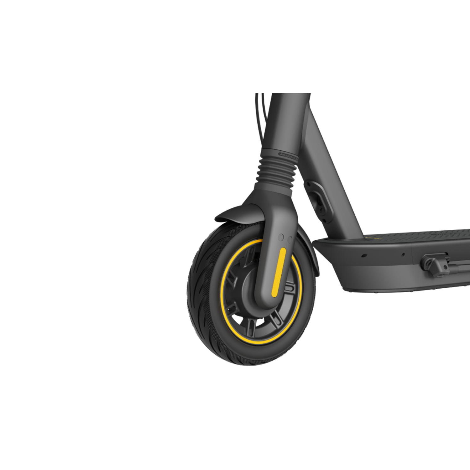 Close-up van een zwart en geel elektrisch scooterwiel. De band heeft een gele streep.