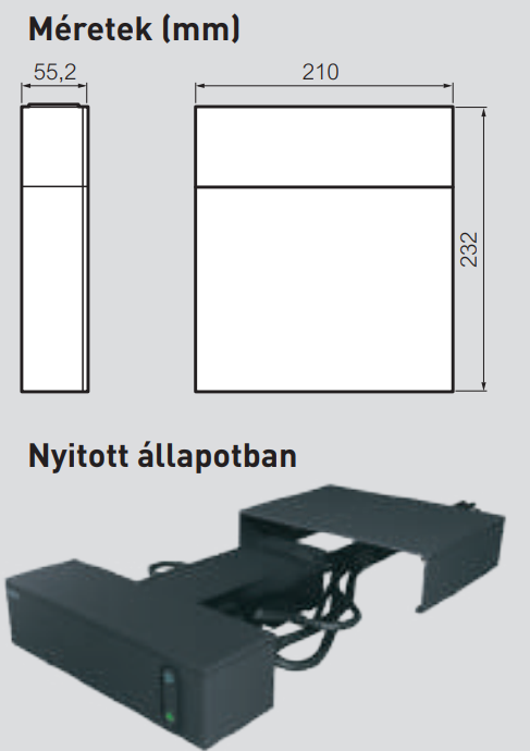 A diagram a termék méreteit mutatja, oldalnézetből és elölnézetből.