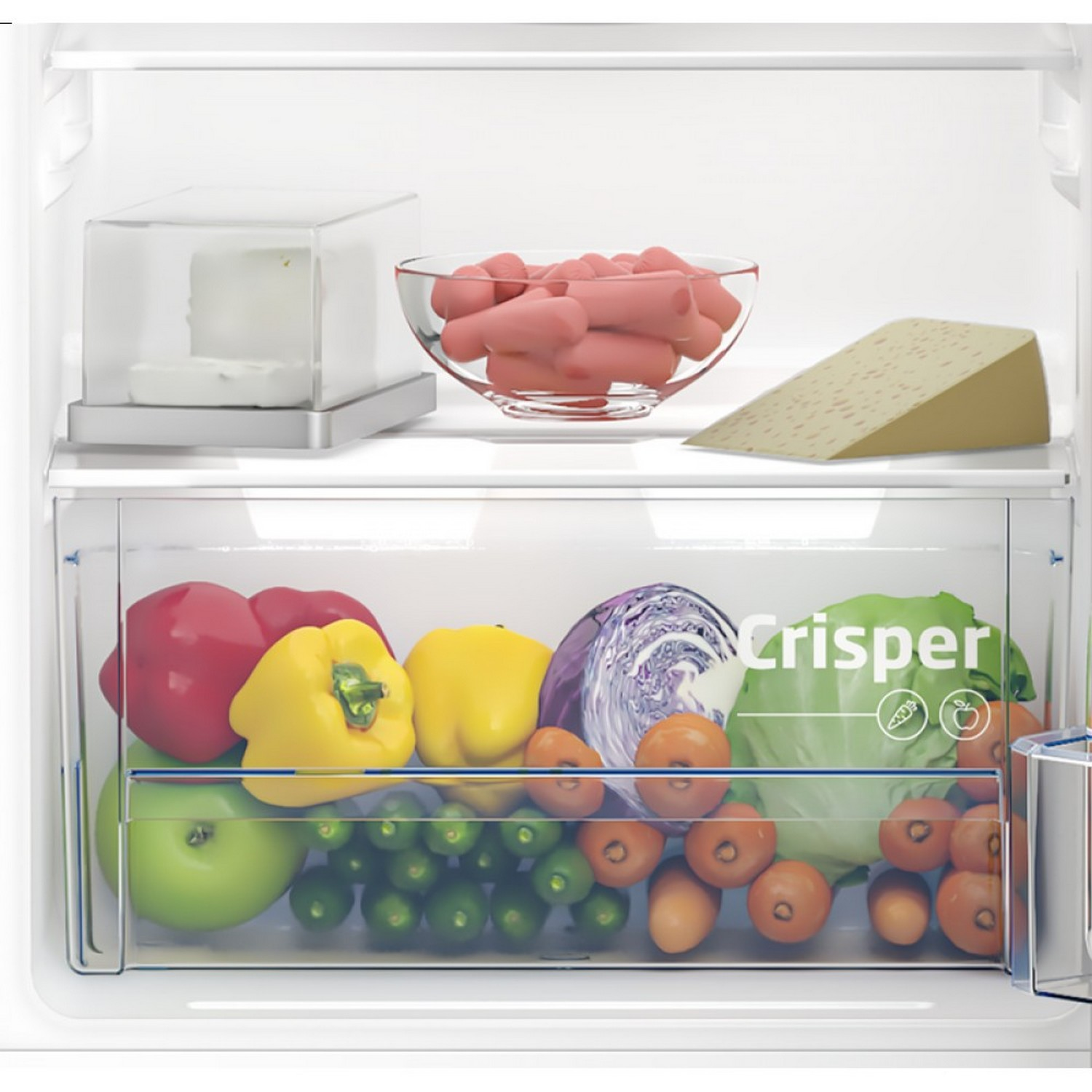 Refrigerator interior: top shelf with cheese and snacks, bottom with vegetables in crisper.