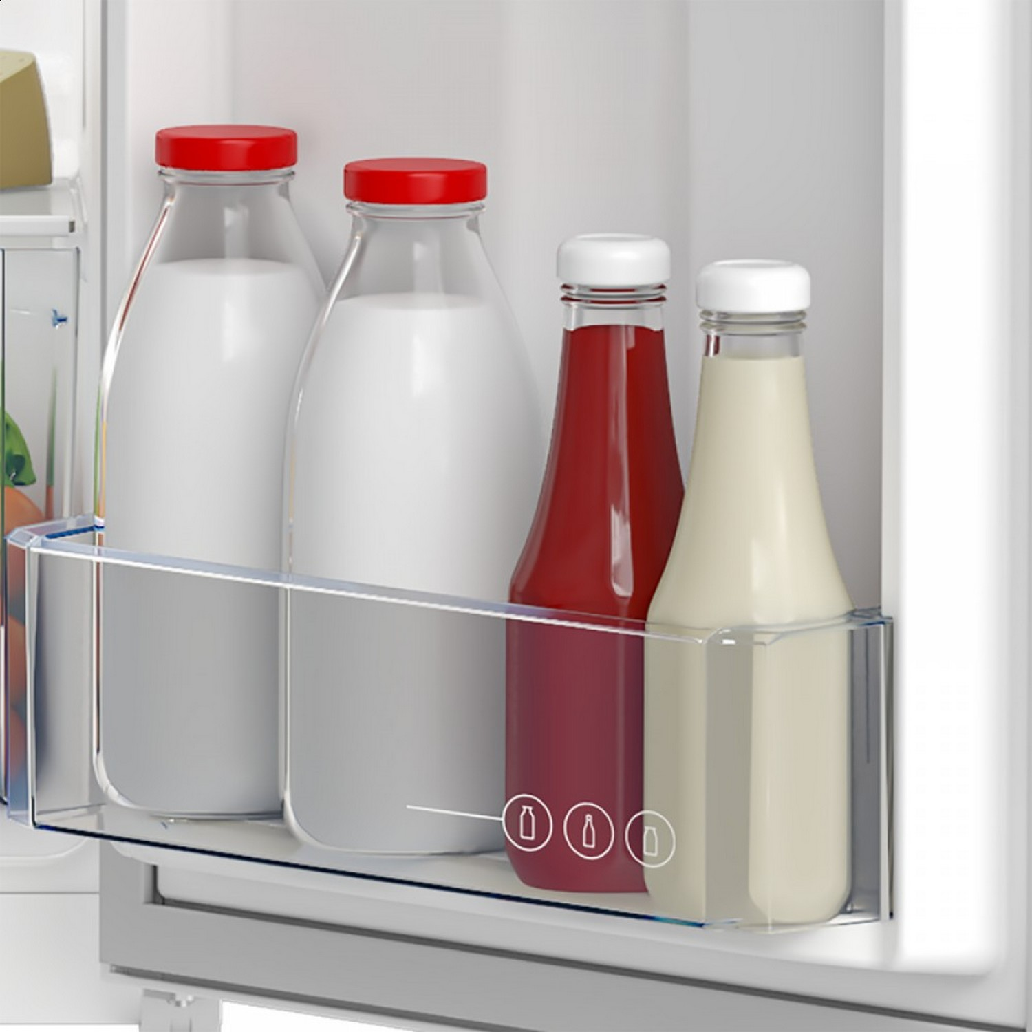 Refrigerator shelf with bottles. Contains milk and red liquid bottles with red and white tops.