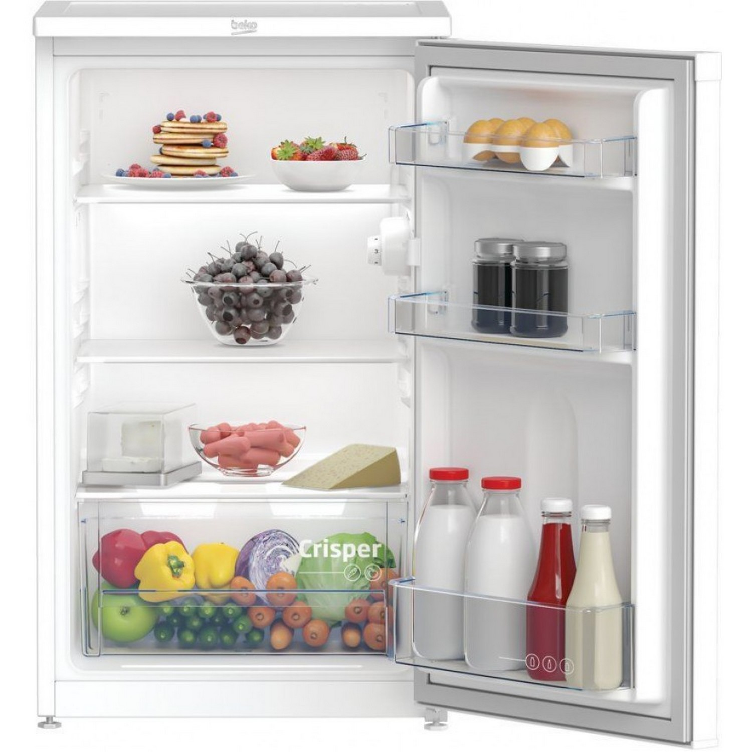 White refrigerator with the door open. Inside are shelves with food like fruits, vegetables, and drinks.