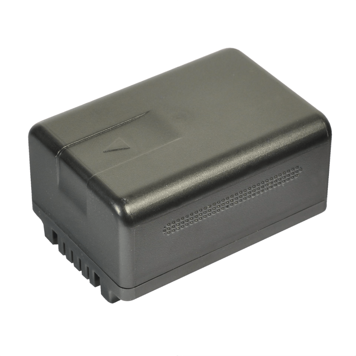 Een rechthoekige zwarte camera-accu ligt op een groene achtergrond. De accu heeft een geribbelde rand en kleine ventilatiegaten.
