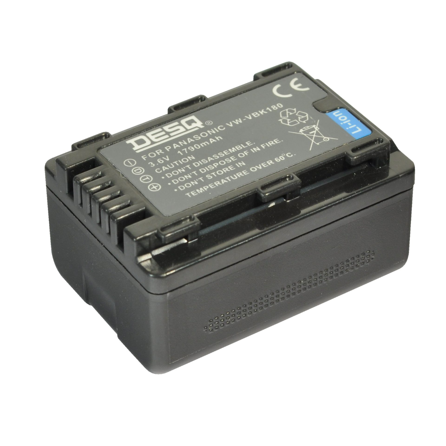 Een zwarte DESQ-batterij met witte tekst, een blauw Li-ion-label en een CE-markering. Er staan waarschuwingen en specificaties op.