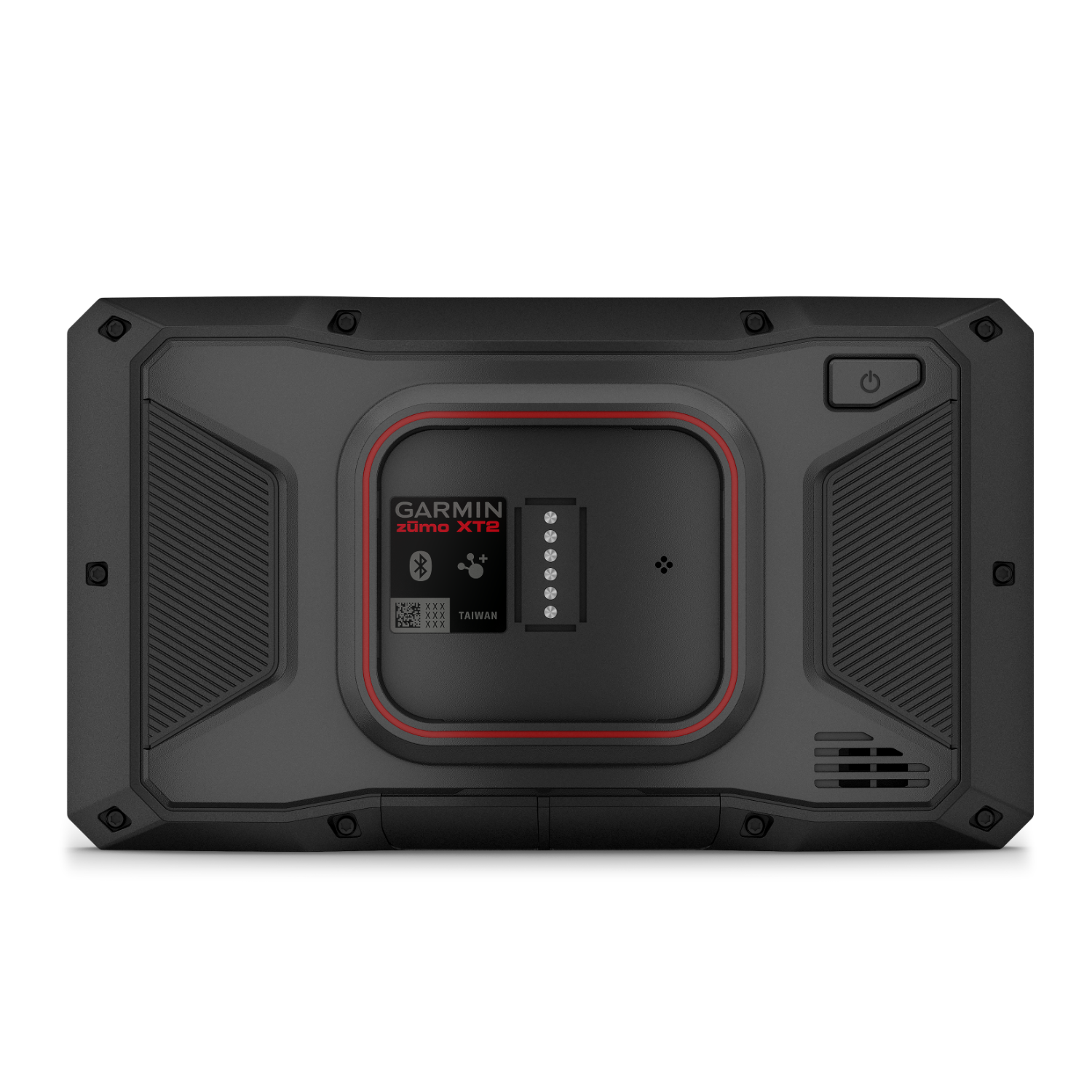 Black Garmin Zumo XT2 GPS device. Red accents. Back view.