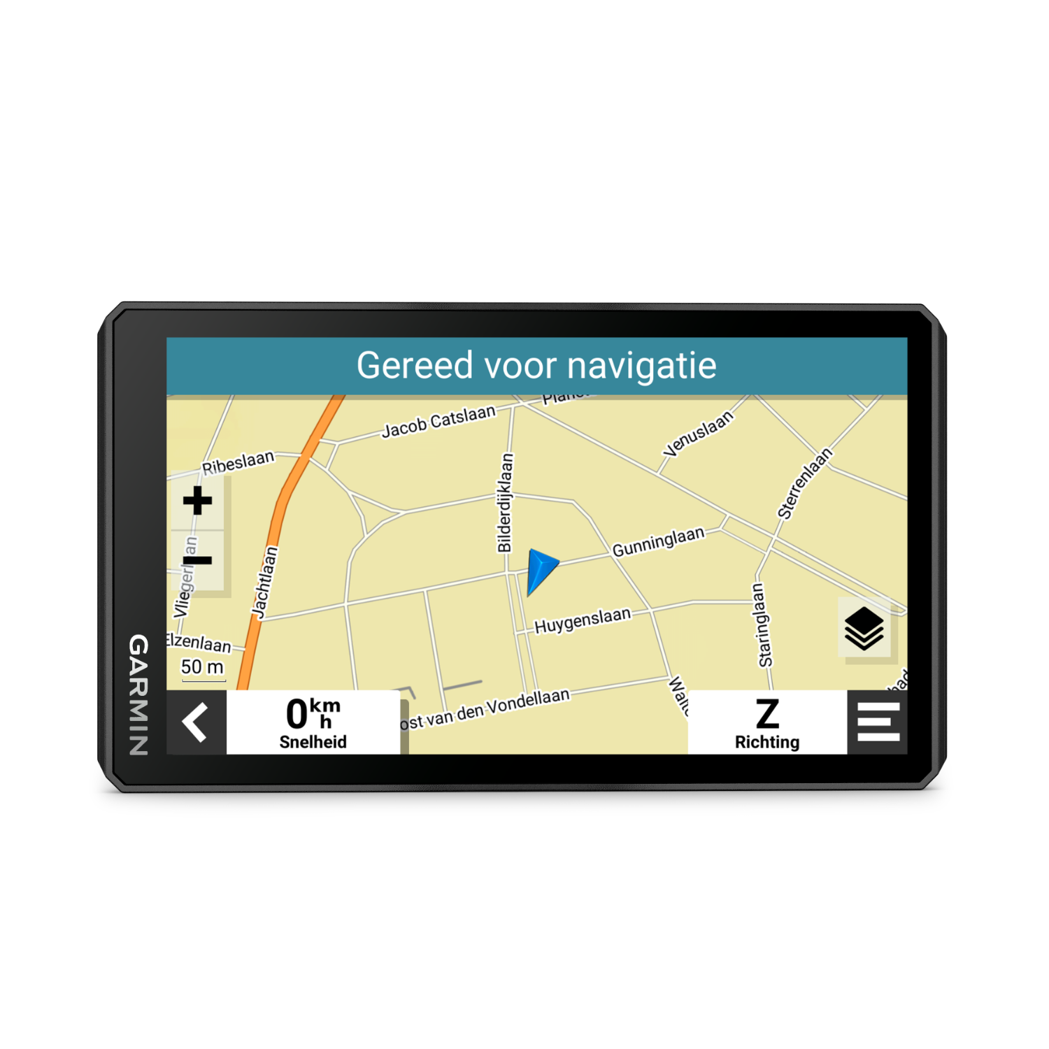 A GPS navigation device displaying a map with a route.