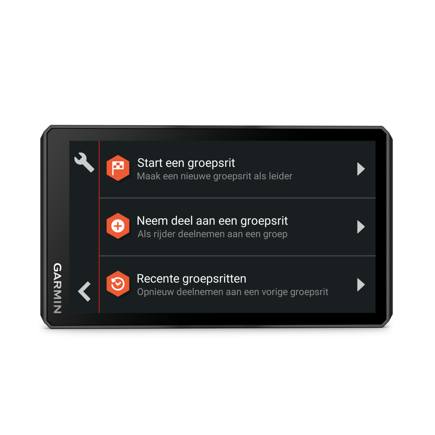 Garmin device screen showing options: Start a group ride, Join a group ride, Recent group rides.