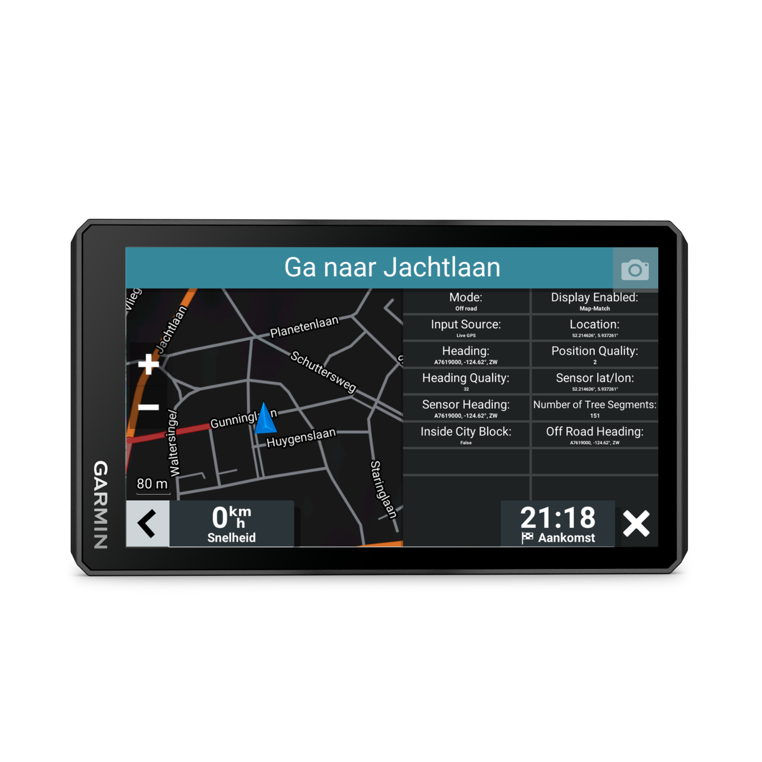 Garmin GPS device, showing a map and navigation data. Black background.