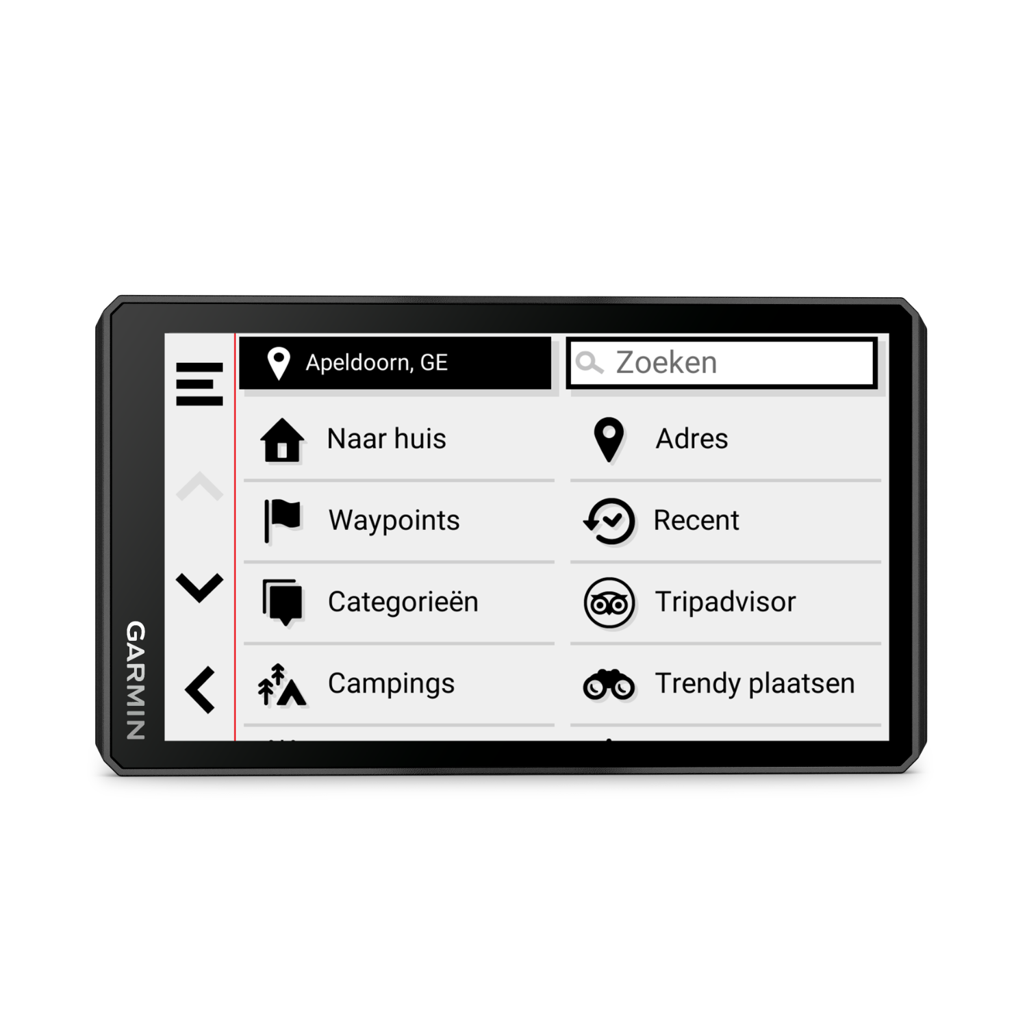 Garmin GPS device screen showing navigation options and location search.