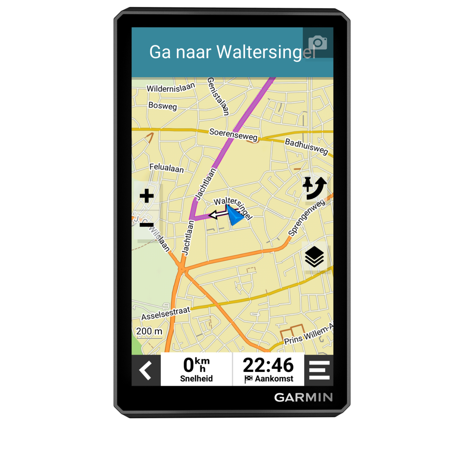 Garmin GPS device displaying a map. Shows a route and navigation details on screen.