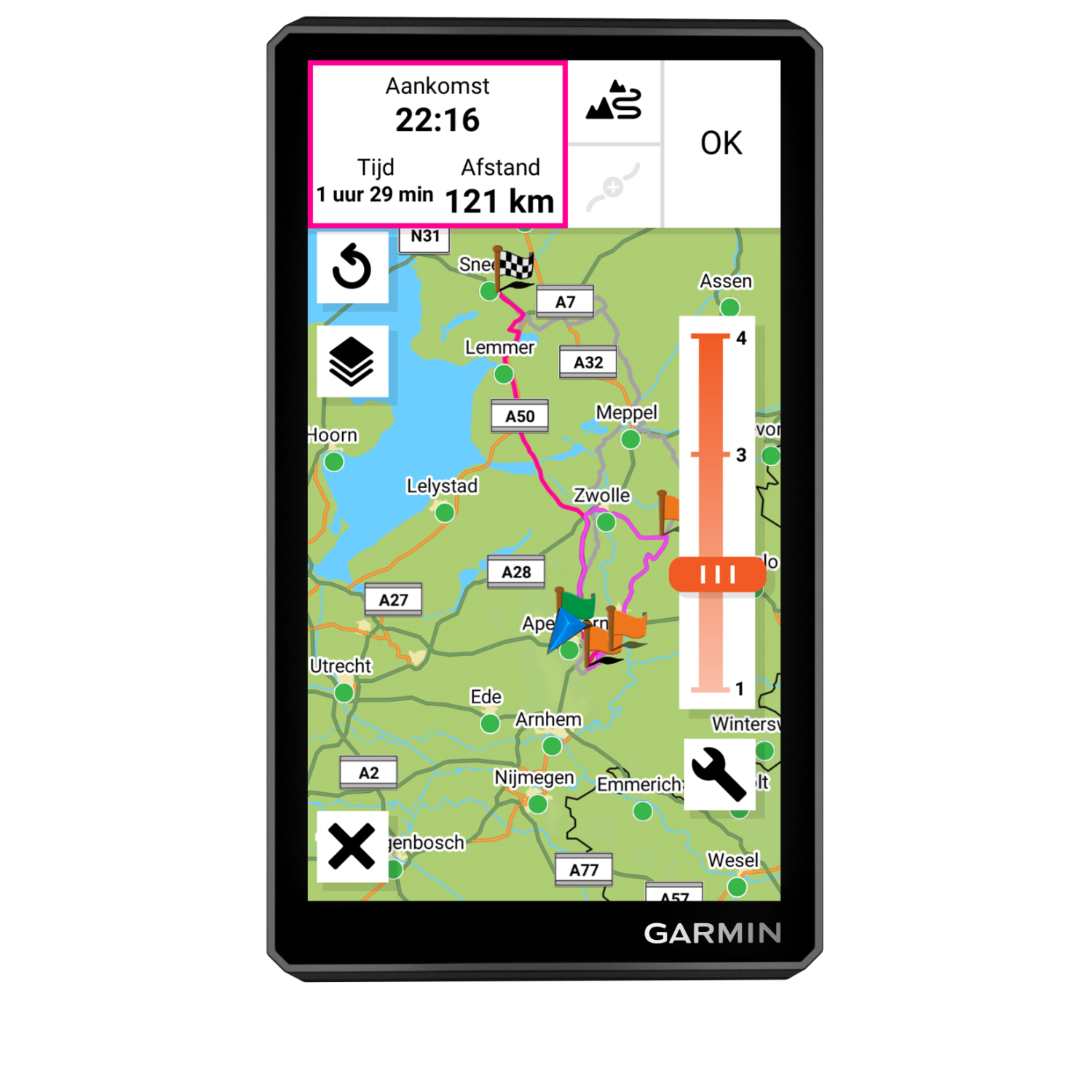 A GPS device screen displaying a map with navigation information.