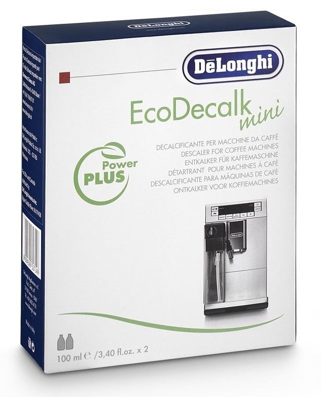 Pudełko DeLonghi EcoDecalk mini, ze zdjęciem ekspresu do kawy.