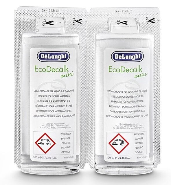 Dwie butelki odkamieniacza Delonghi EcoDecalk mini. Każda butelka ma białą etykietę z tekstem i symbolami zagrożenia.