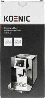 Pudełko tabletek czyszczących Koenic do ekspresów do kawy. Pudełko jest czarne z białym tekstem.