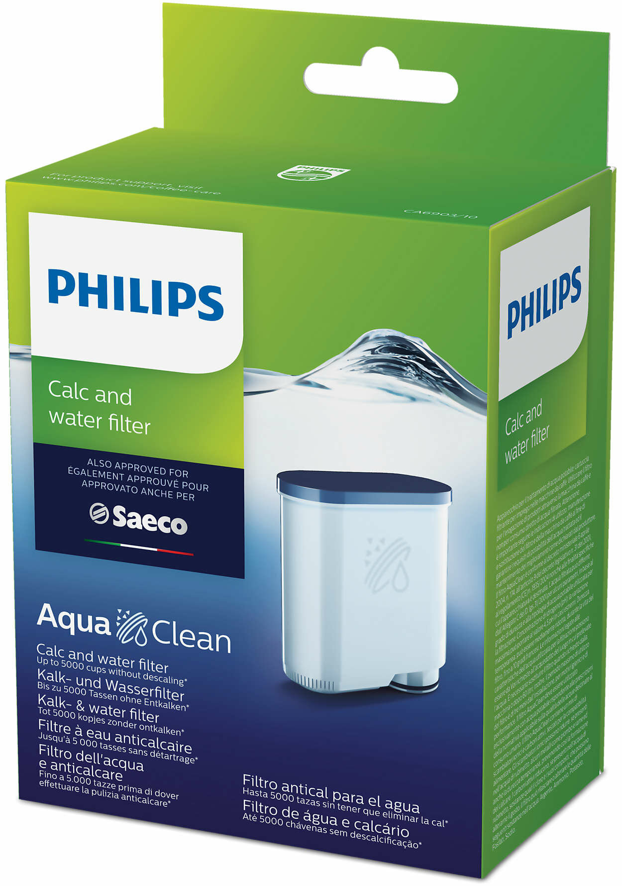 Pudełko filtra wody Philips AquaClean z tekstem i białym filtrem w środku.