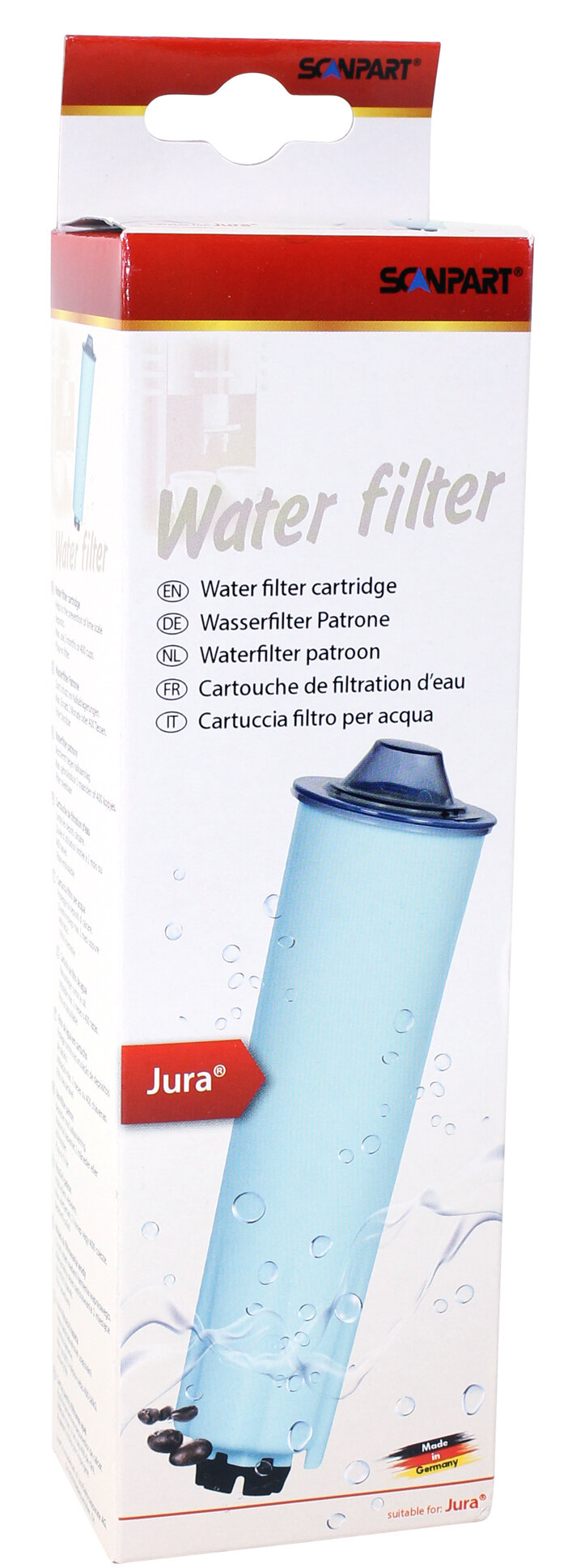 Wkład filtra wody w biało-niebieskim pudełku z tekstem w wielu językach.