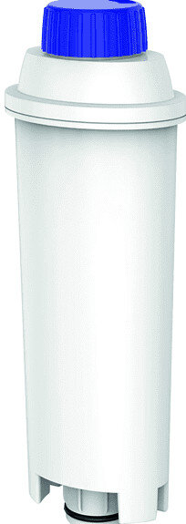 Biały filtr wody z niebieską nakrętką na białym tle.