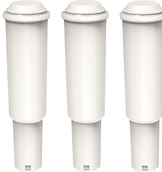 Trzy białe wkłady filtra wody, każdy z białą pokrywką i dolną częścią.