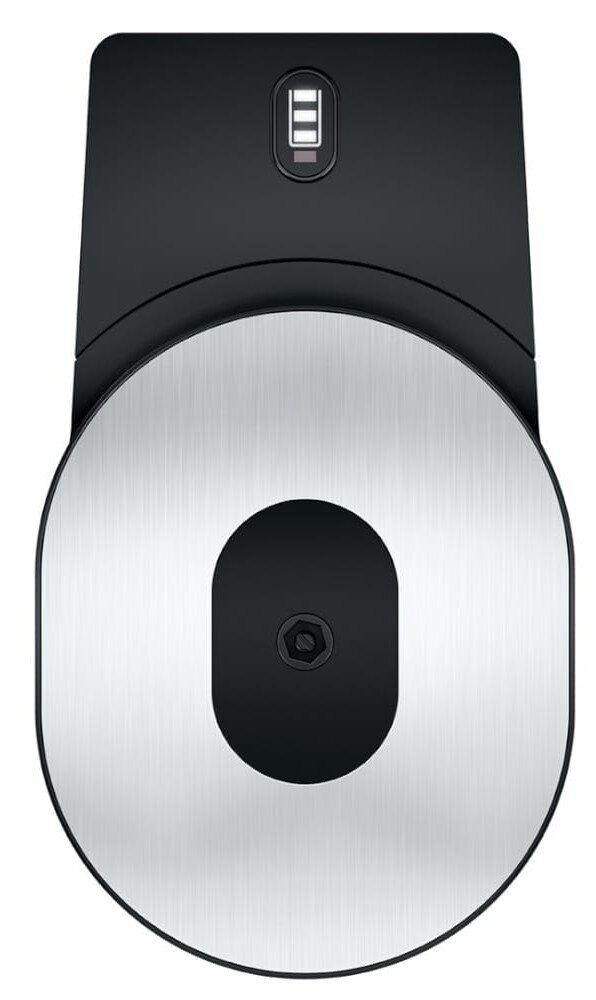 Czarna stacja ładująca do robota sprzątającego. Metalowa srebrna okrągła część jest centralna, czarny wierzch.