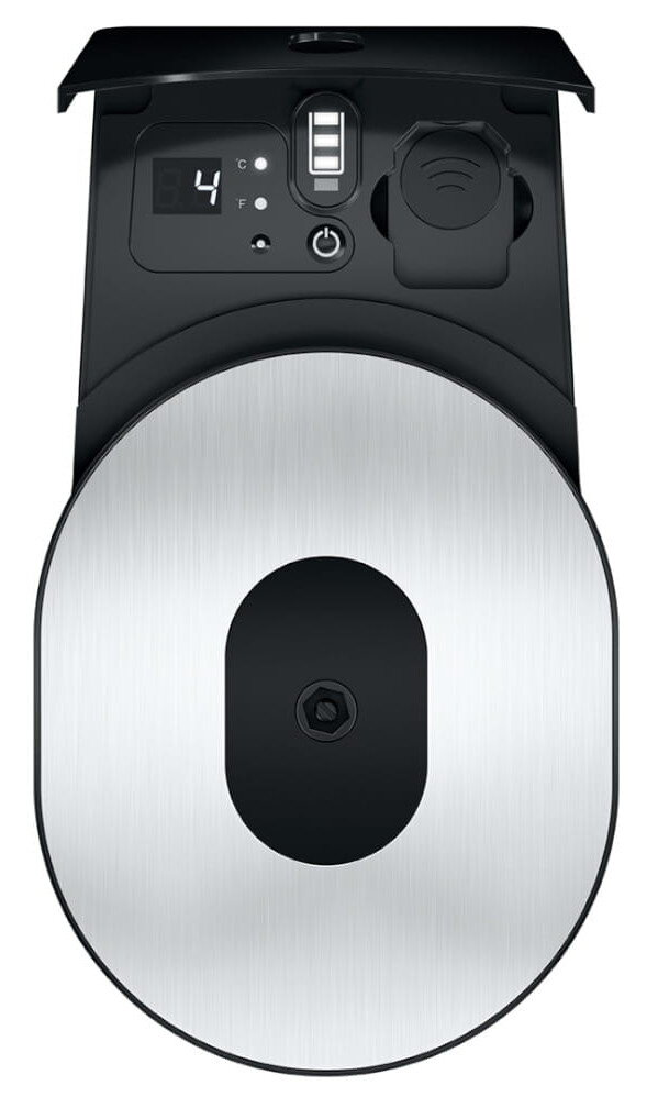 Widok z góry robota sprzątającego. Czarny i srebrny z wyświetlaczem cyfrowym i przyciskami.