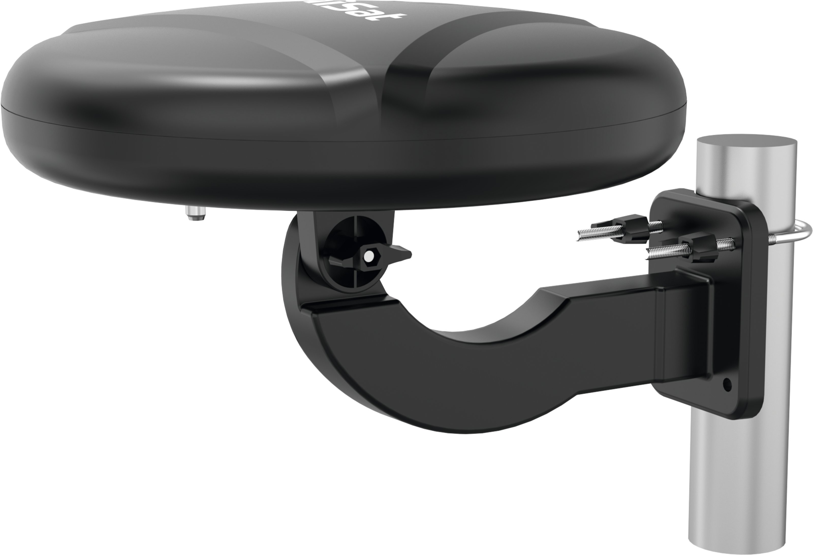 Czarna antena satelitarna zamontowana na metalowym słupie. Białe tło.