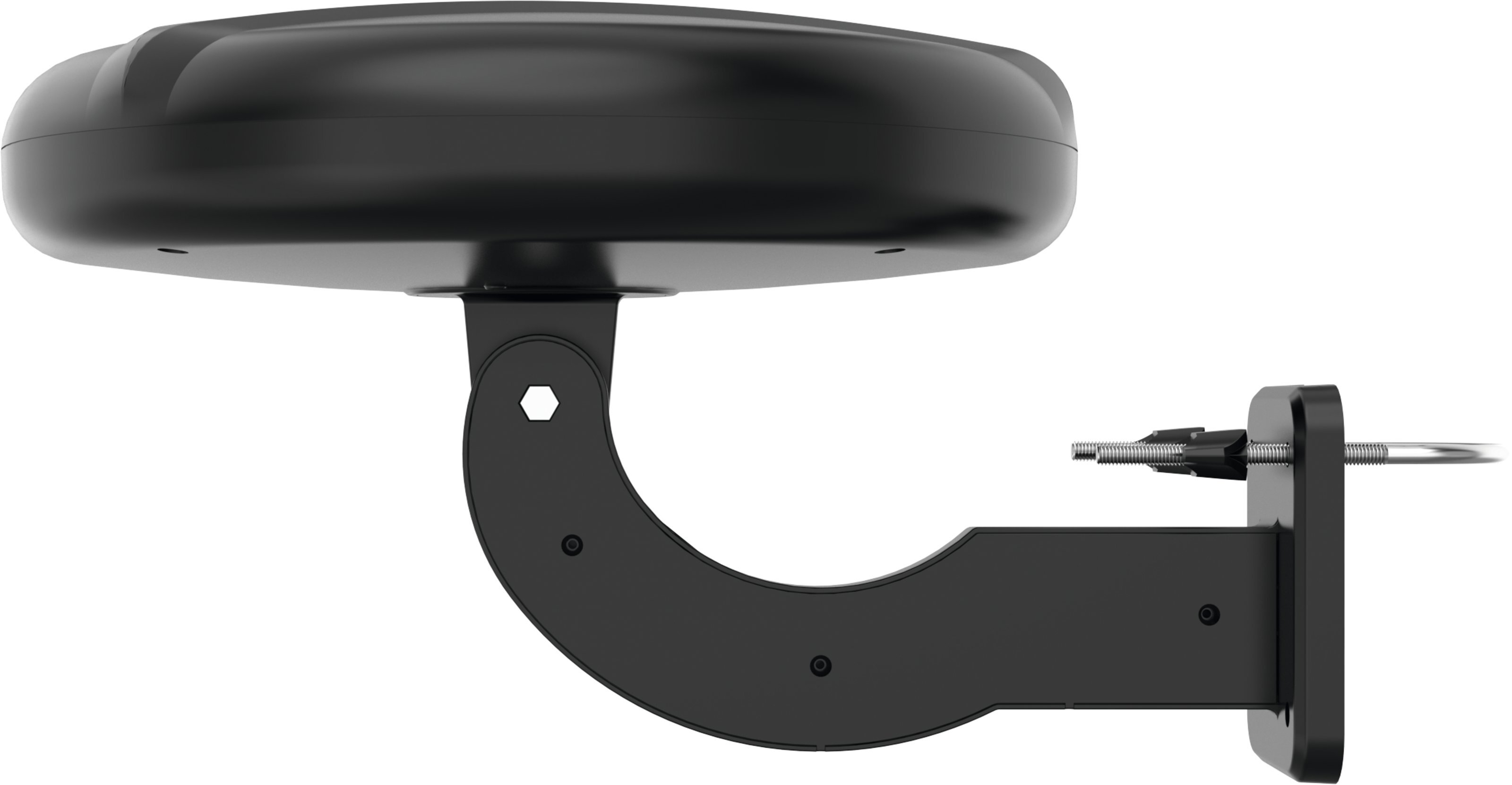 Czarna antena satelitarna i wspornik montażowy. Talerz jest owalny, a wspornik ma zakrzywione ramię i uchwyt ścienny.