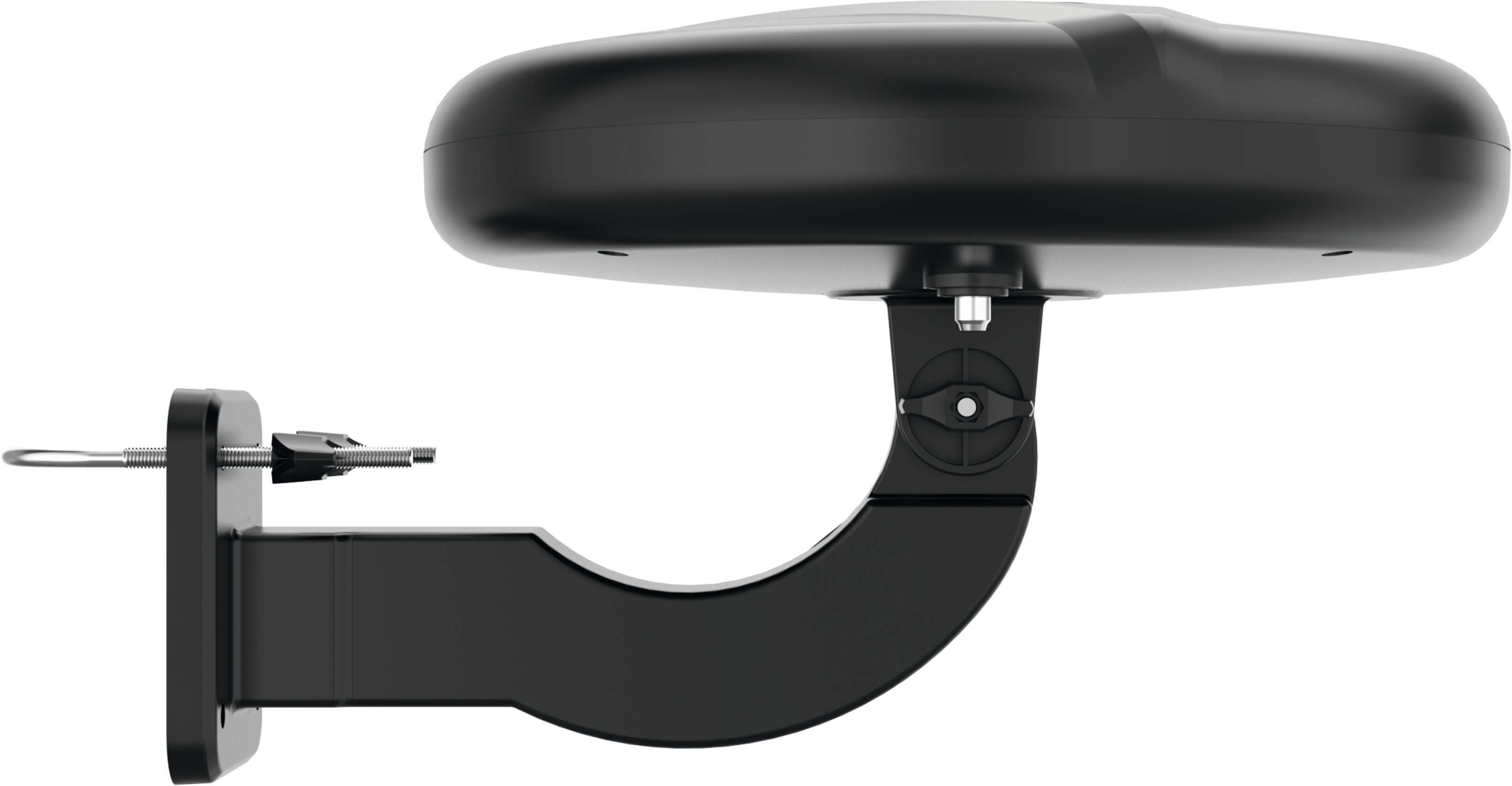 Czarna antena satelitarna i wspornik montażowy na białym tle.