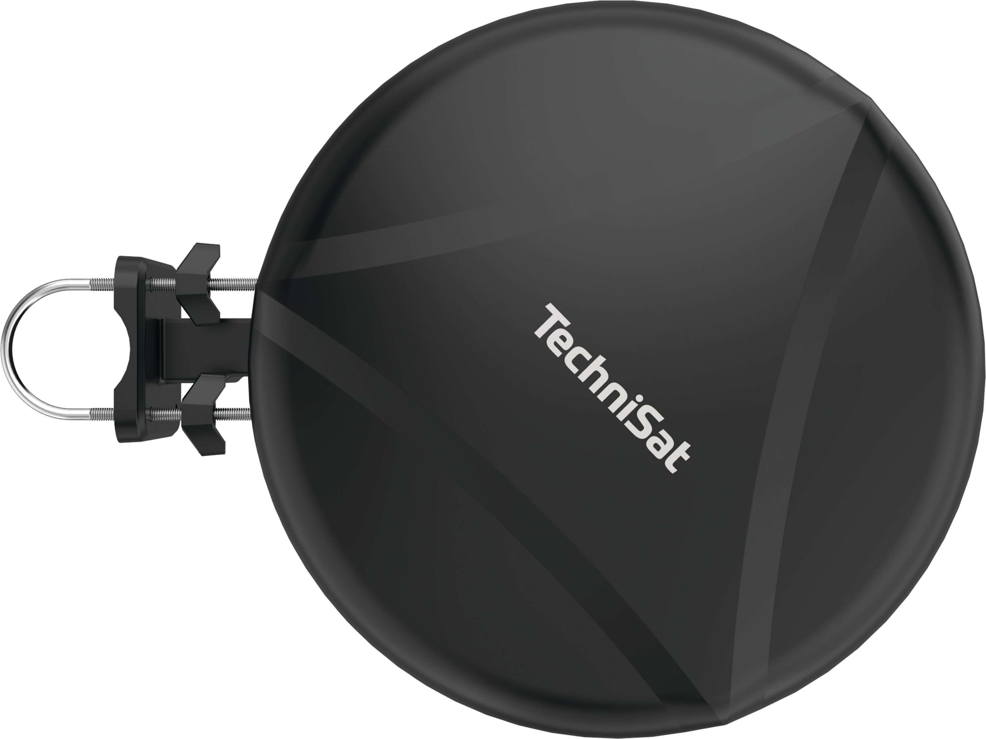 Czarna antena satelitarna TechniSat, z mocowaniem po lewej i białym tekstem na talerzu.