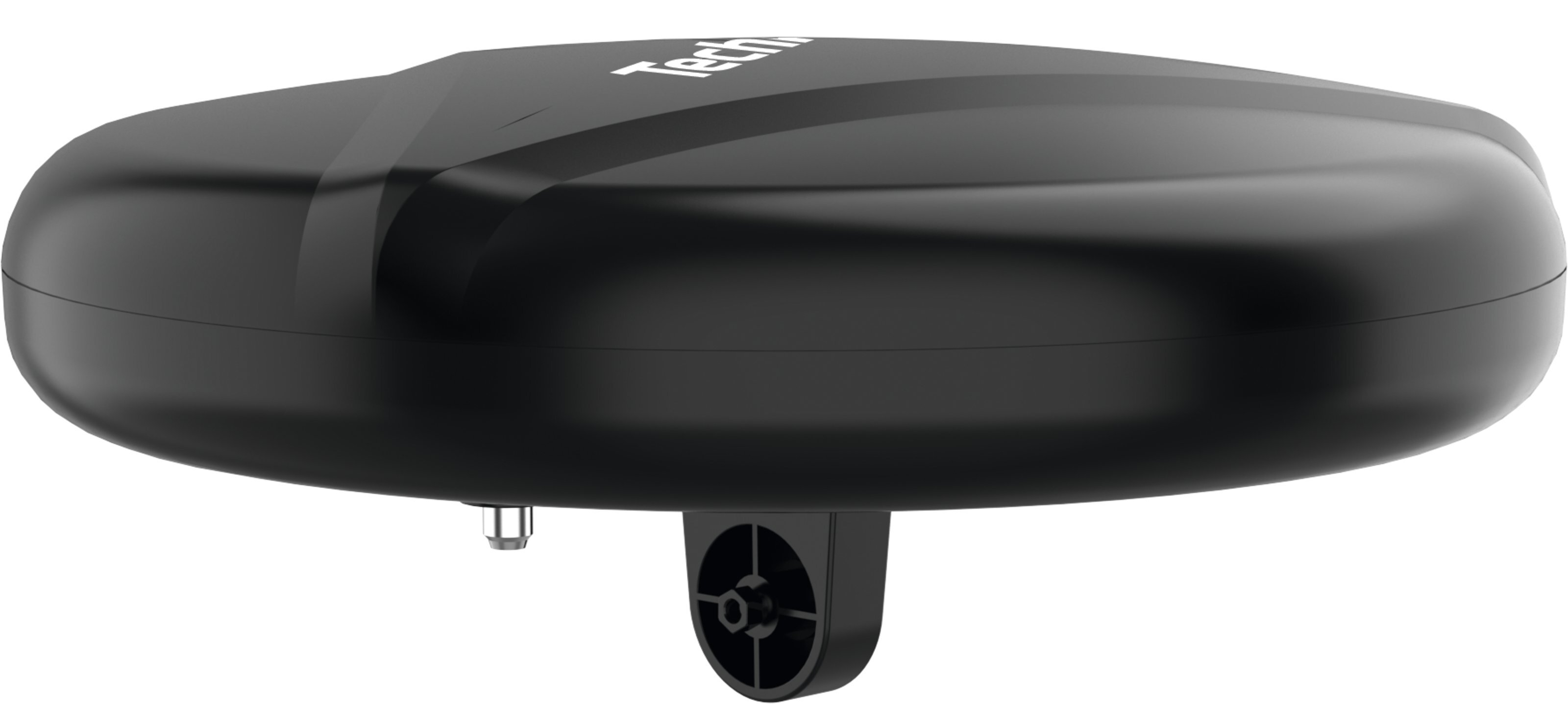 Czarne urządzenie o owalnym kształcie. Ma zaokrągloną górę z widocznym słowem 'Tech'. Mały element na dole.