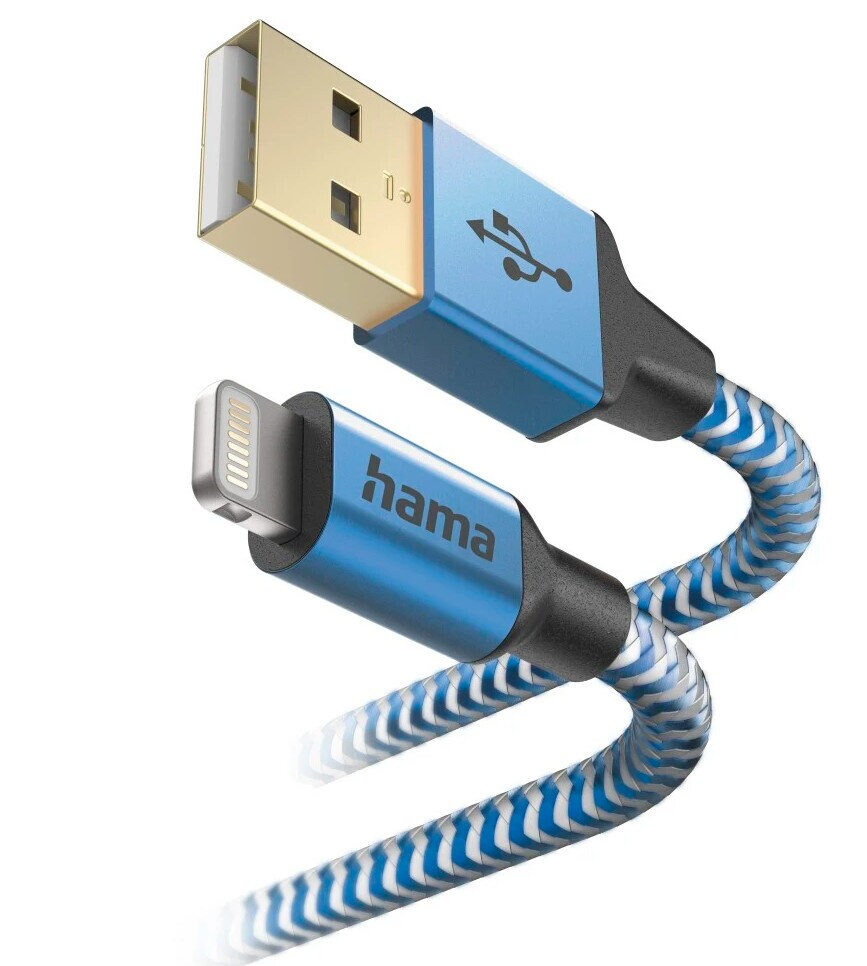 Niebiesko-biały kabel USB do Lightning. Złoty konektor USB, białe tło.