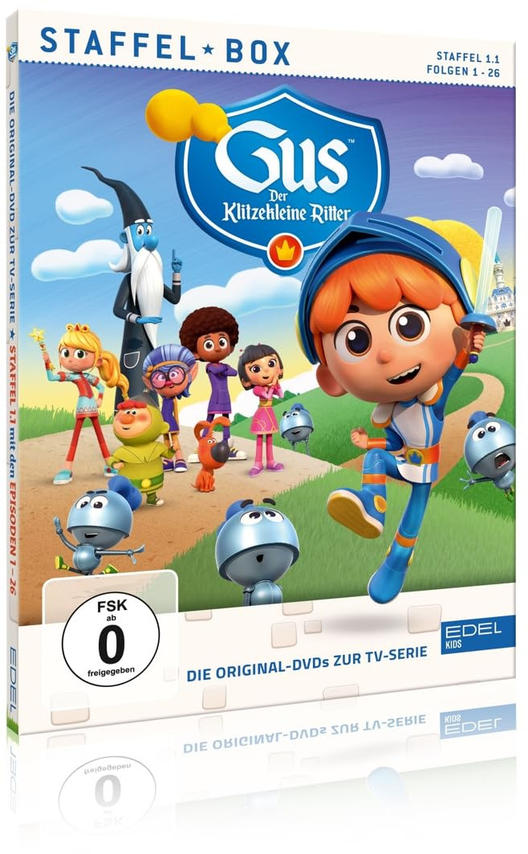 Die DVD-Box zeigt Gus den Ritter mit Freunden vor einer blauen Himmelskulisse.