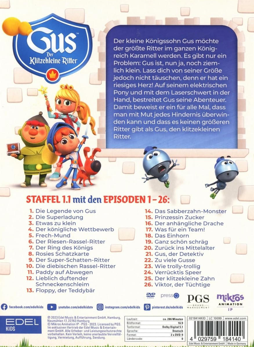 DVD-Cover mit Cartoon-Figuren und Episodenliste von Gus, dem klitzekleinen Ritter.