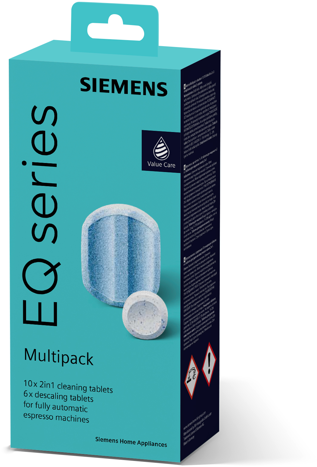 Eine türkisfarbene Schachtel mit Siemens EQ-Reinigungstabletten und Tabletten.