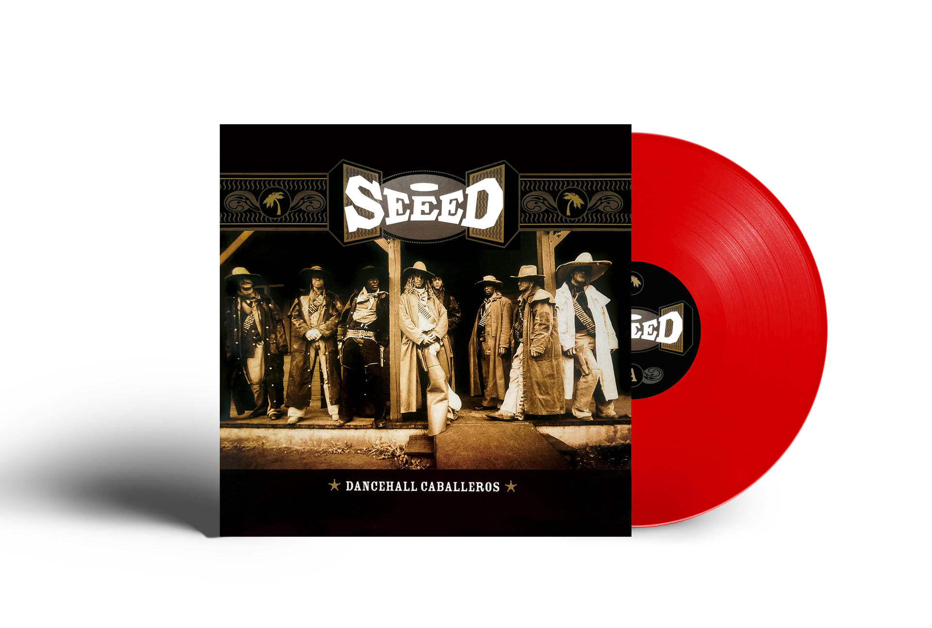 Rote Schallplatte in einer Hülle. Albumcover zeigt eine Band und das Wort SEED.