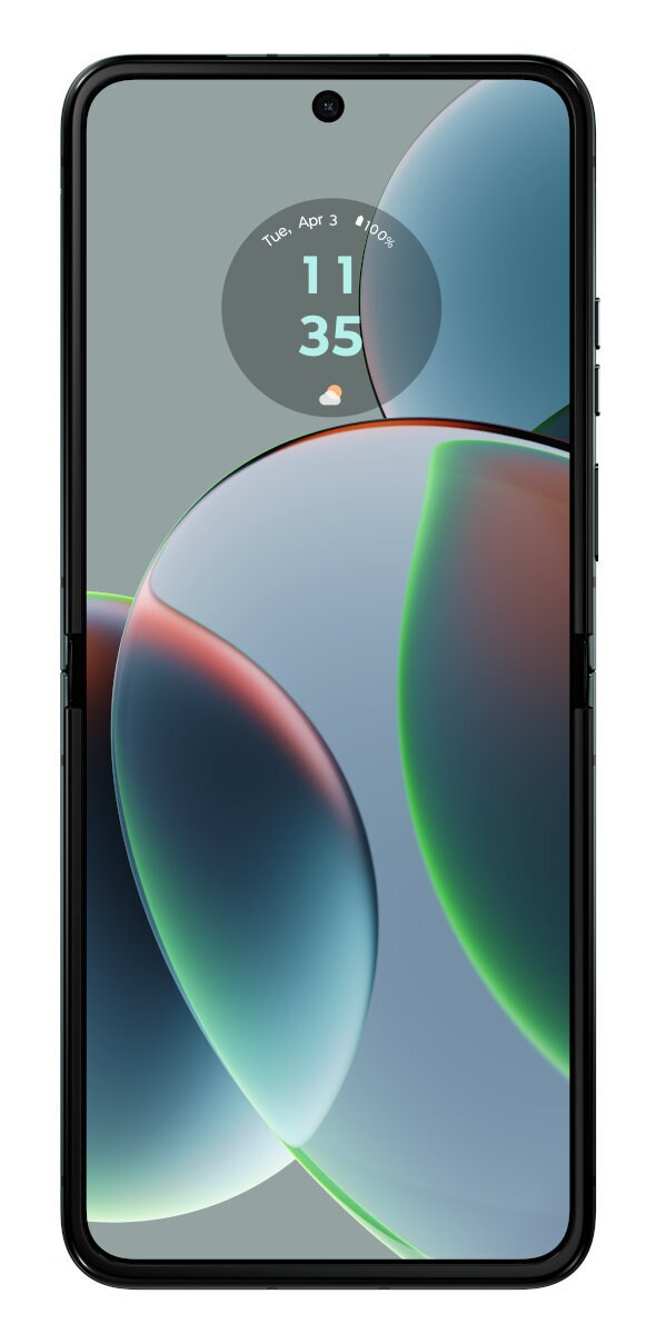 Czarny smartfon z ekranem wyświetlającym godzinę, datę i pogodę.