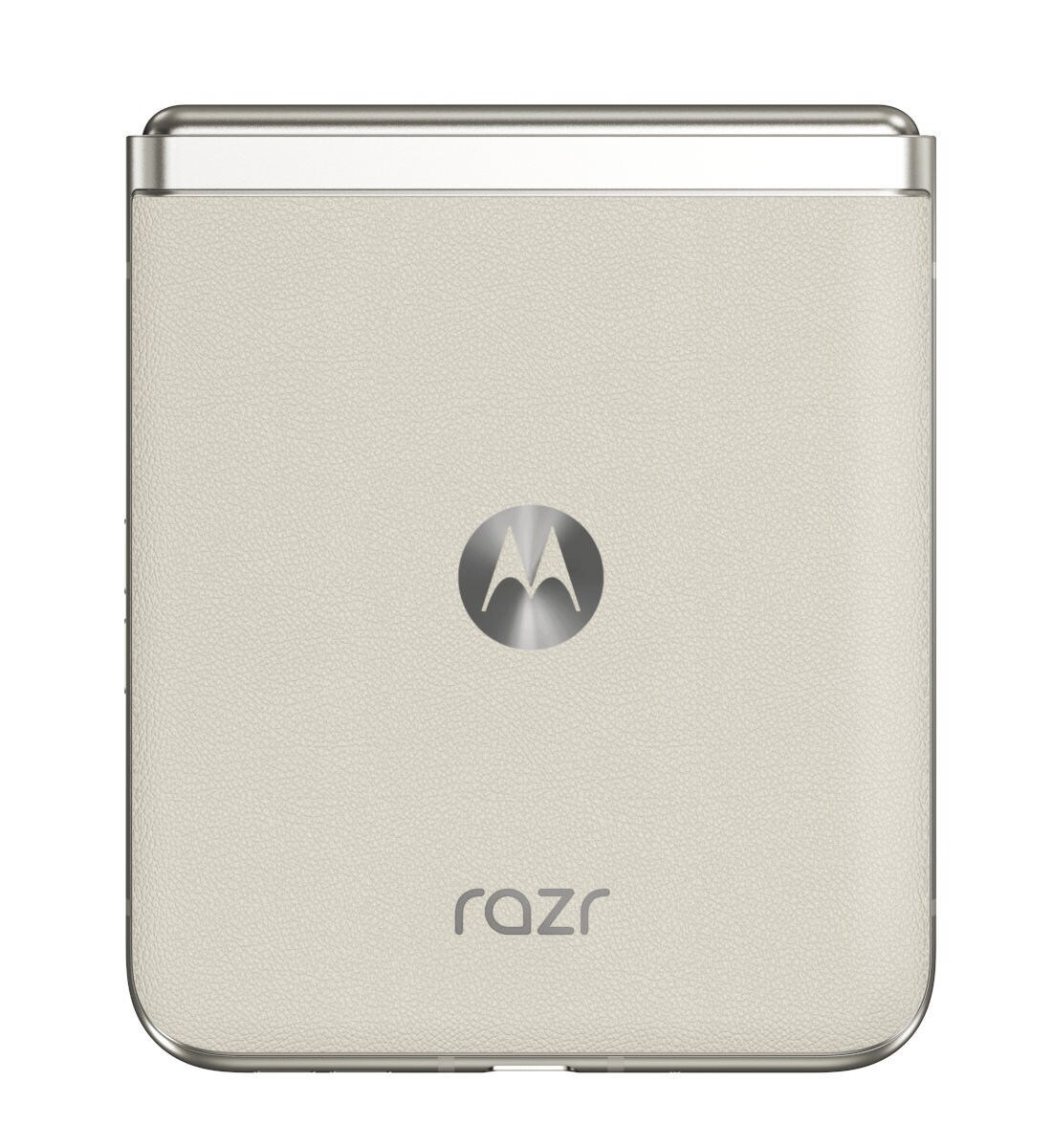 Telefon Motorola Razr 40, zamknięty, kremowy, srebrna ramka i logo.