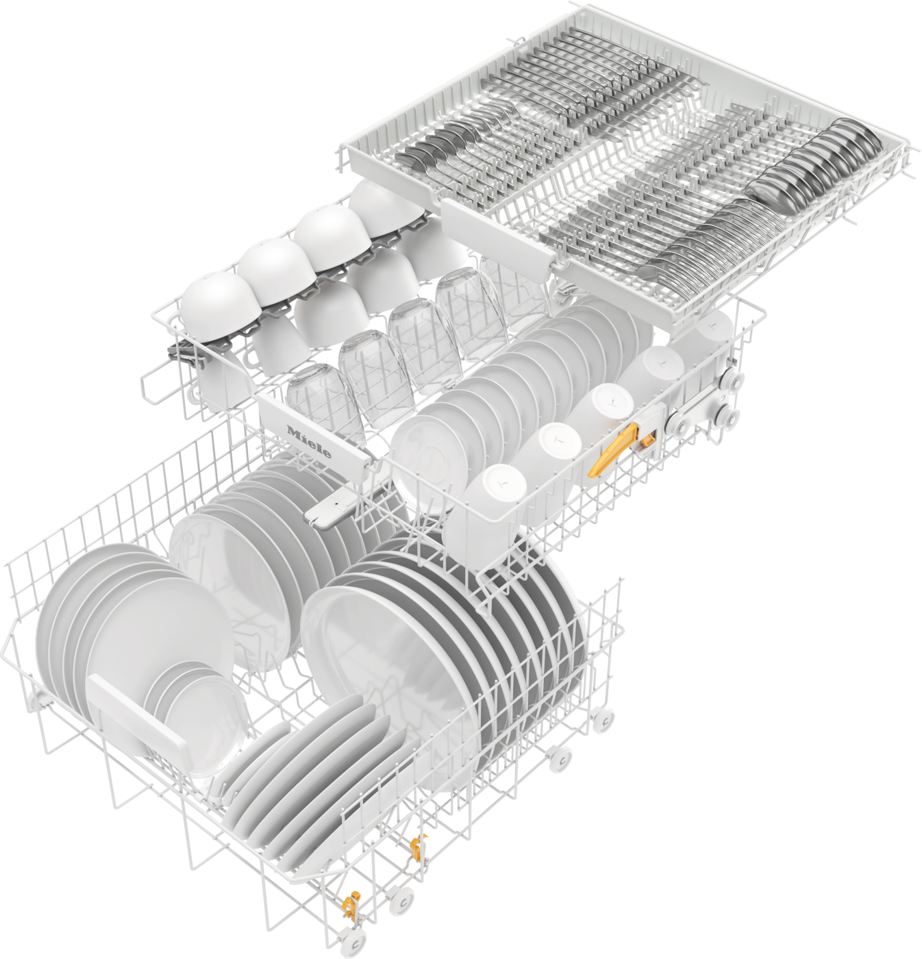 Geschirrspüler-Innenraum mit Geschirr, Tassen und Besteck. Schwarzer Hintergrund.