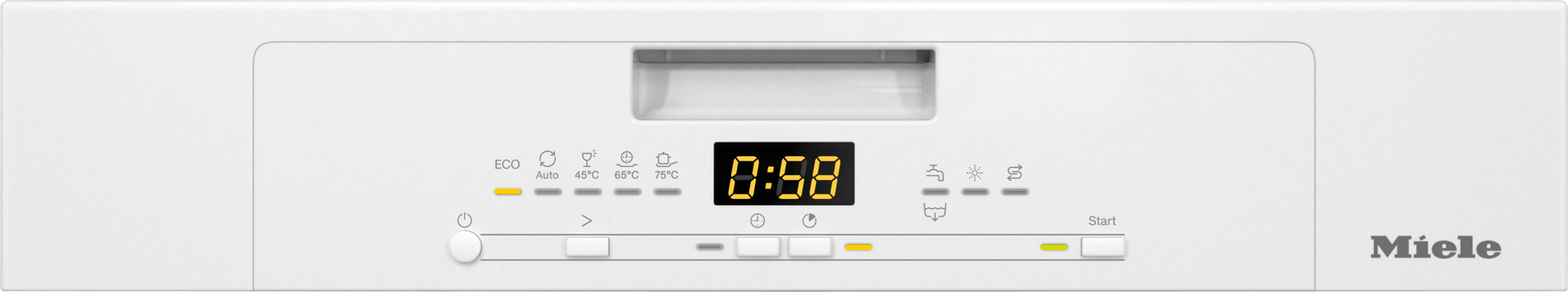 Eine weiße Geschirrspüler-Bedienblende zeigt einen digitalen Timer mit 0:58 an.