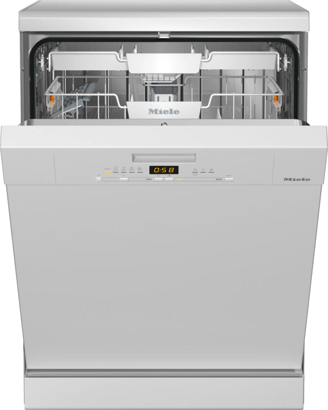 Weißer Miele-Geschirrspüler mit geöffneter Tür, zeigt den Innenraum und das Display.