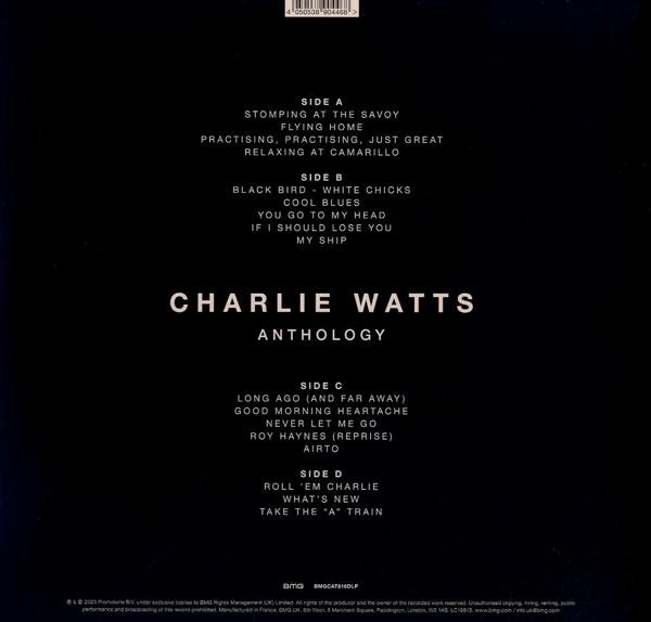 Fekete CD borító Charlie Watts Anthology fehér szövegével, számlista fekete háttérrel.
