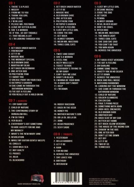 Liste von Beatles-Songs auf schwarzem Hintergrund. Die Songtitel sind in Weiß.