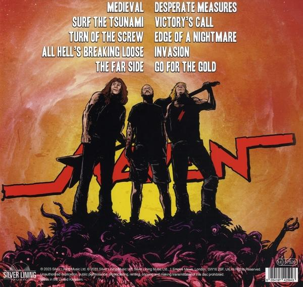Albumcover einer Metal-Band mit drei Mitgliedern. Der Bandname ist rot geschrieben.