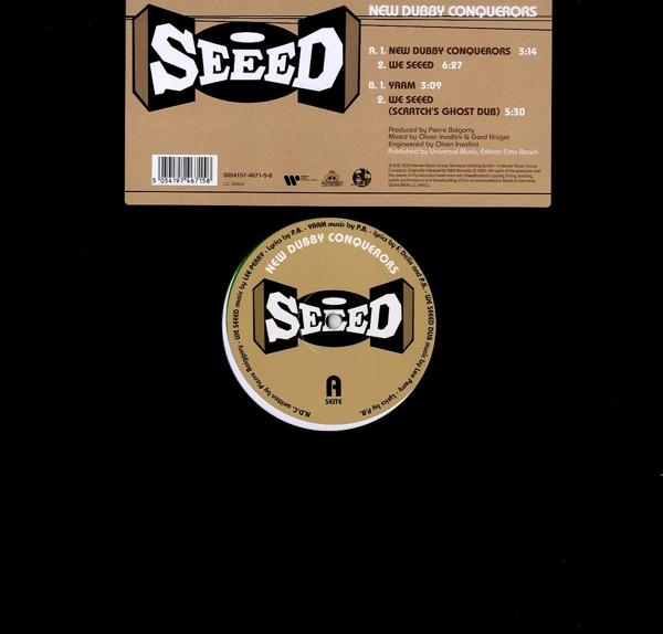 Seed Vinyl-Schallplattenhülle mit Text auf braunem Hintergrund, Seite A-Etikett.