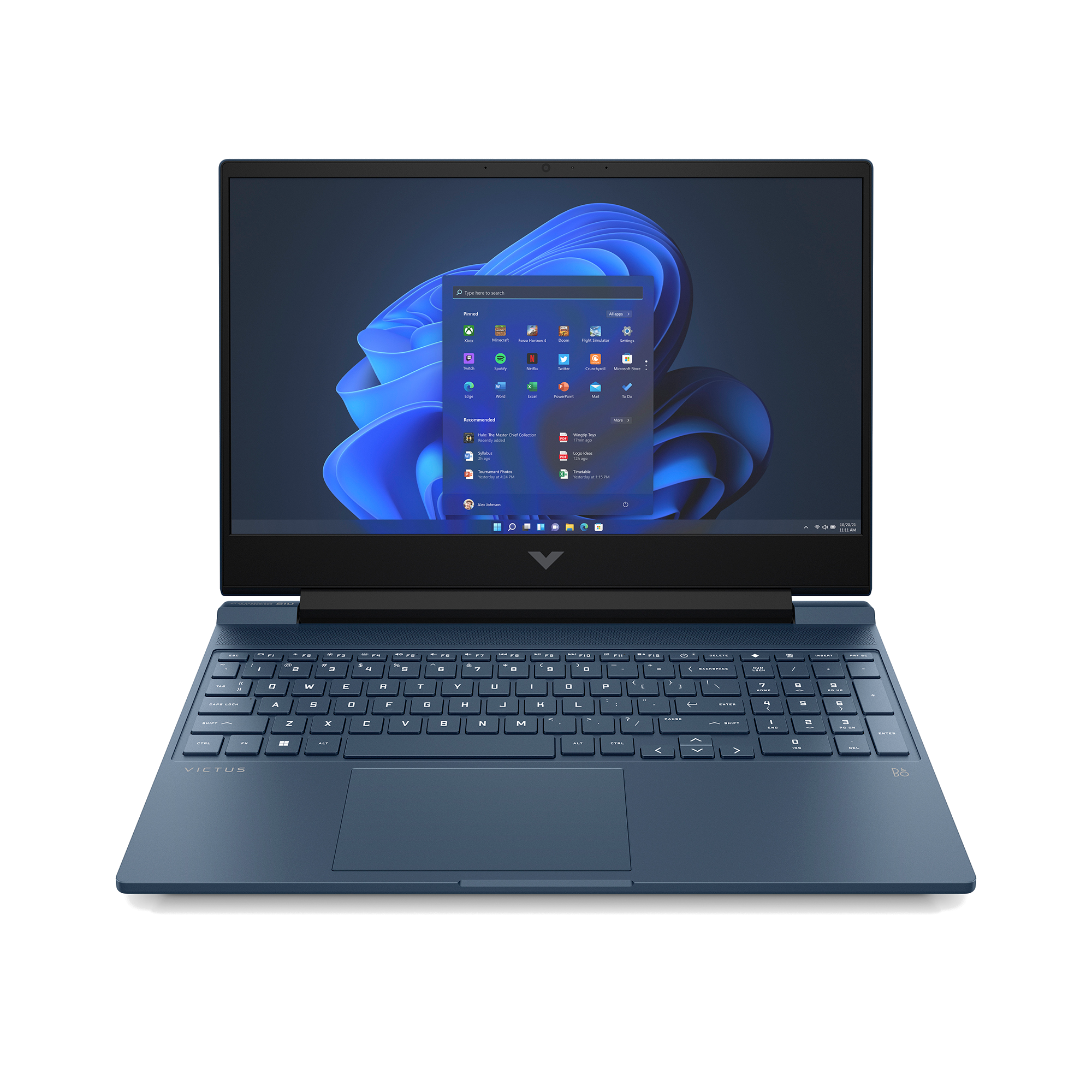 Mavi dizüstü bilgisayar açık, çeşitli uygulama simgeleriyle bir Windows masaüstü gösteriyor. Siyah dizüstü çerçevesi.