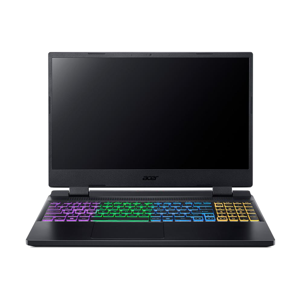 Renkli aydınlatmalı klavyeli, siyah ekranlı ve Acer markalı siyah dizüstü bilgisayar.