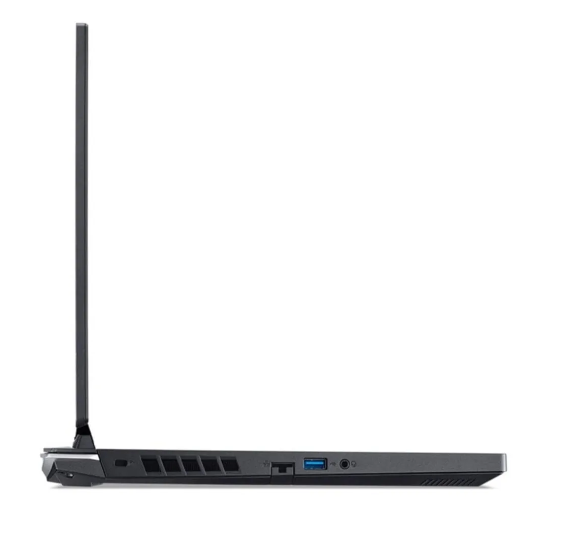 Siyah bir dizüstü bilgisayarın yan görünümü, bağlantı noktalarını ve havalandırmaları gösteriyor.