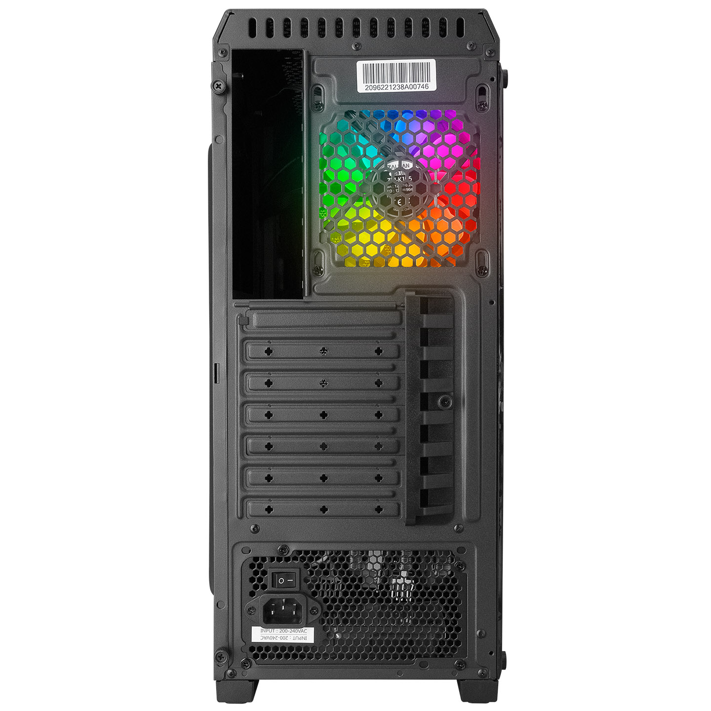 Gökkuşağı renkleri gösteren bir fan ve portlara sahip siyah PC kasası arkası.